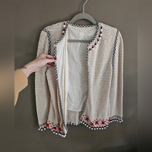 Tory Burch Embellished Linen Jacket Blazer Woven Jewelled Pom Pom Sweater - Picture 9 of 13